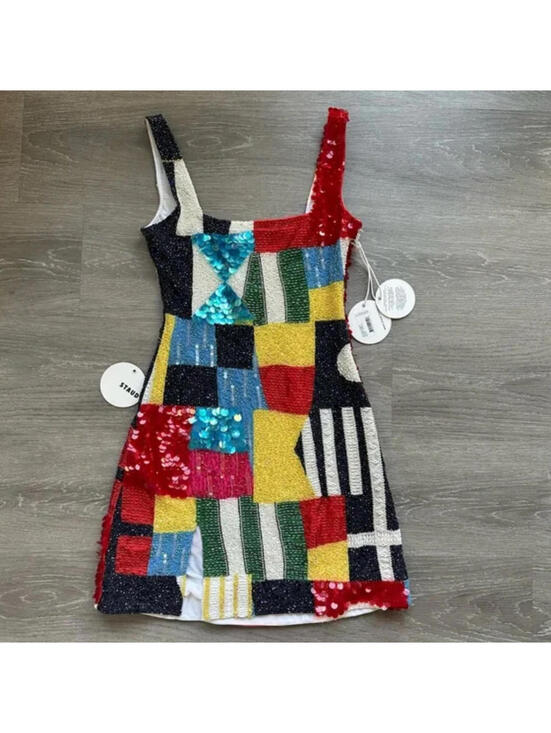 NWT $1295 Staud Le Sable Sails Up Beaded Flag Cocktail Dress Designer Small - Picture 3 of 7